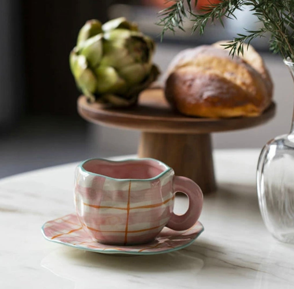 Mug with Saucer pink squares plus green border - 300 ml