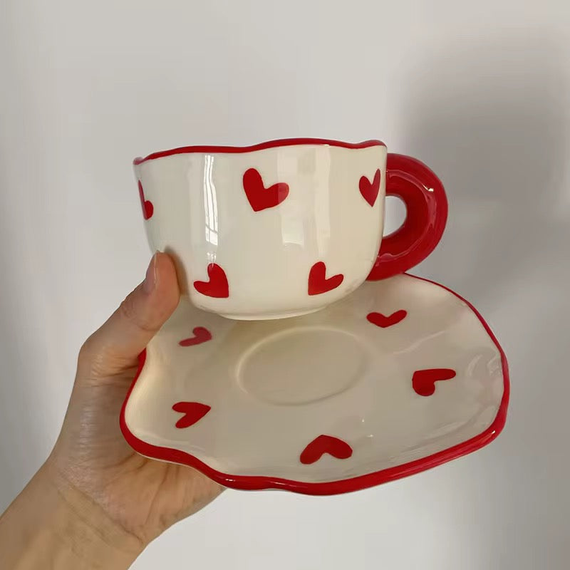 Mug with Saucer white with red hearts