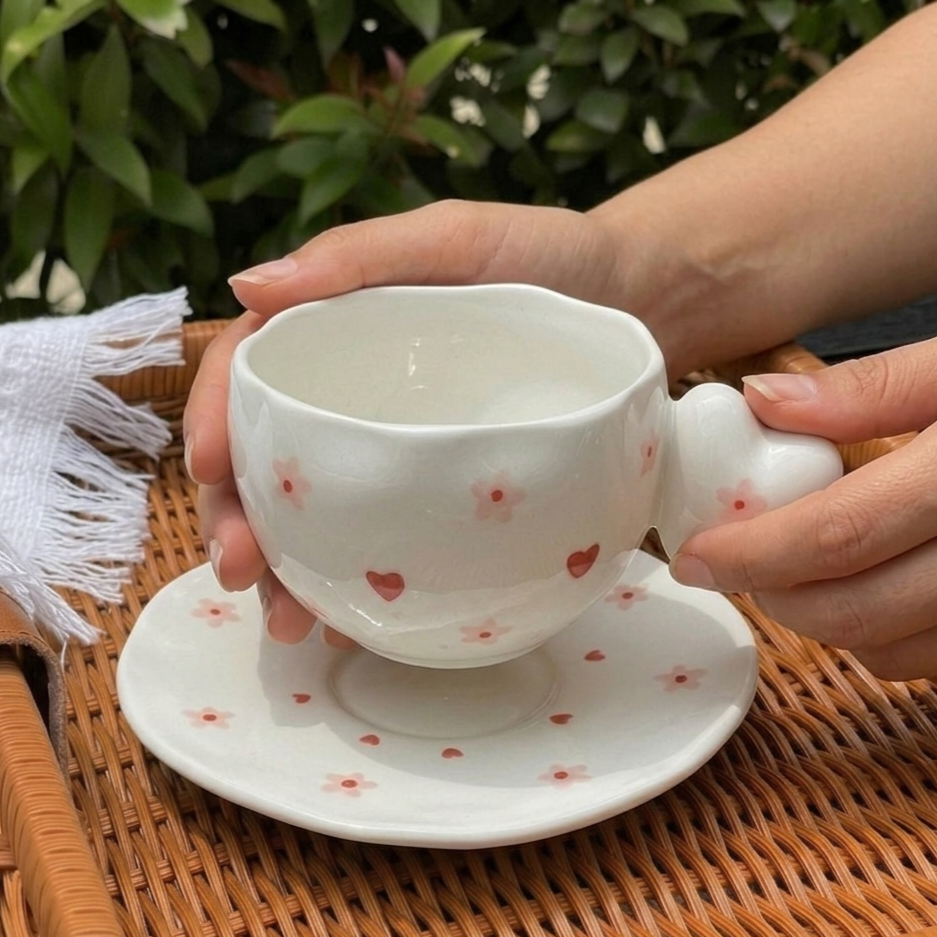Bombed Heart Handle Mug with Saucer