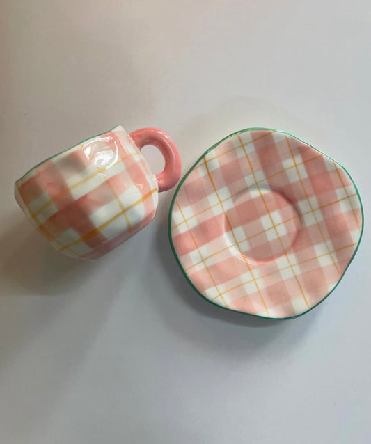 Mug with Saucer pink squares plus green border - 300 ml