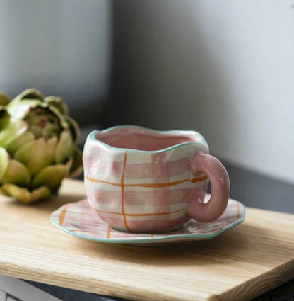 Mug with Saucer pink squares plus green border - 300 ml