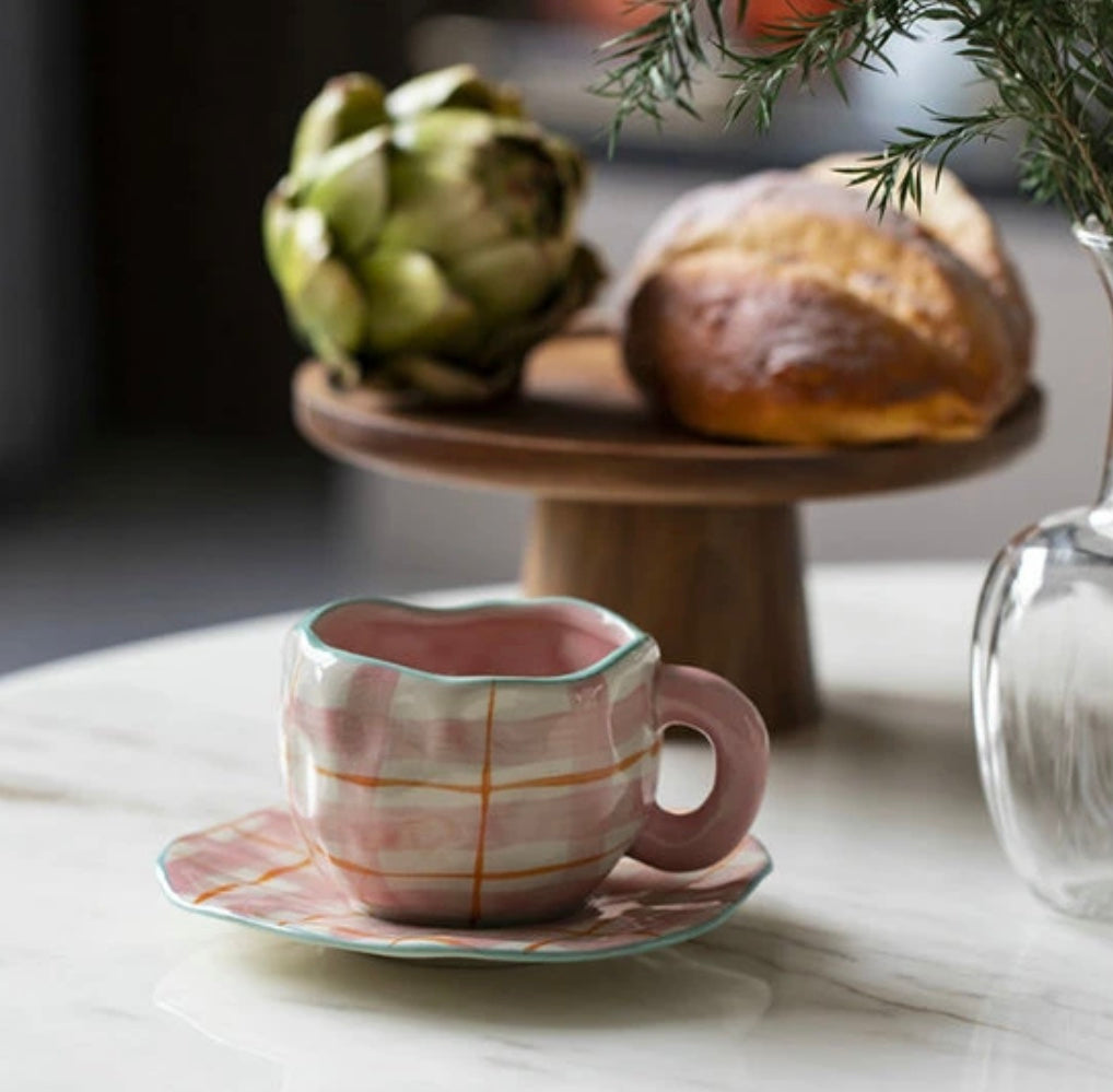 Mug with Saucer pink squares plus green border - 300 ml