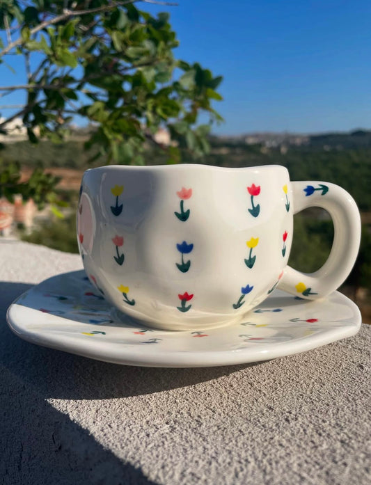 Mug with Saucer white and small tulip flowers