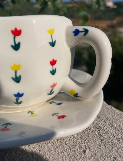 Mug with Saucer white and small tulip flowers