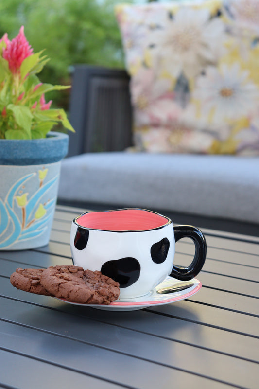 Mug with Saucer White and black cow style