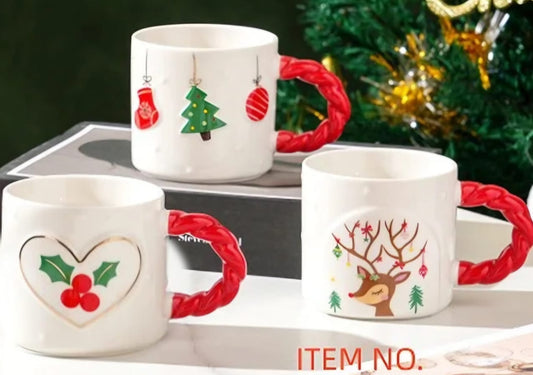 White mug with spiral red handle