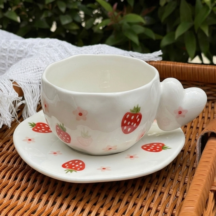 Bombed Heart Handle Mug with Saucer