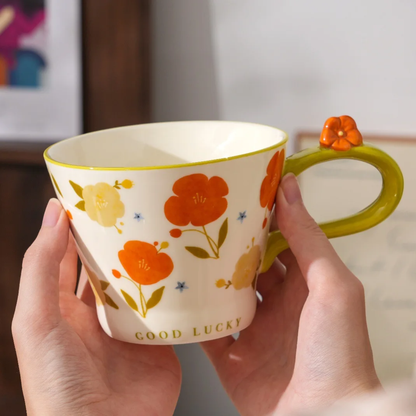 Mug GOOD LUCKY with flower in handle