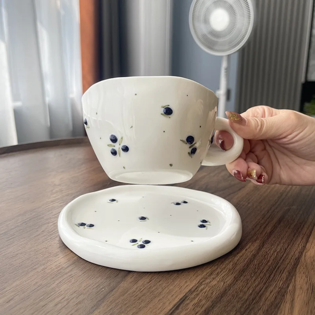 Navy dots mug with saucer