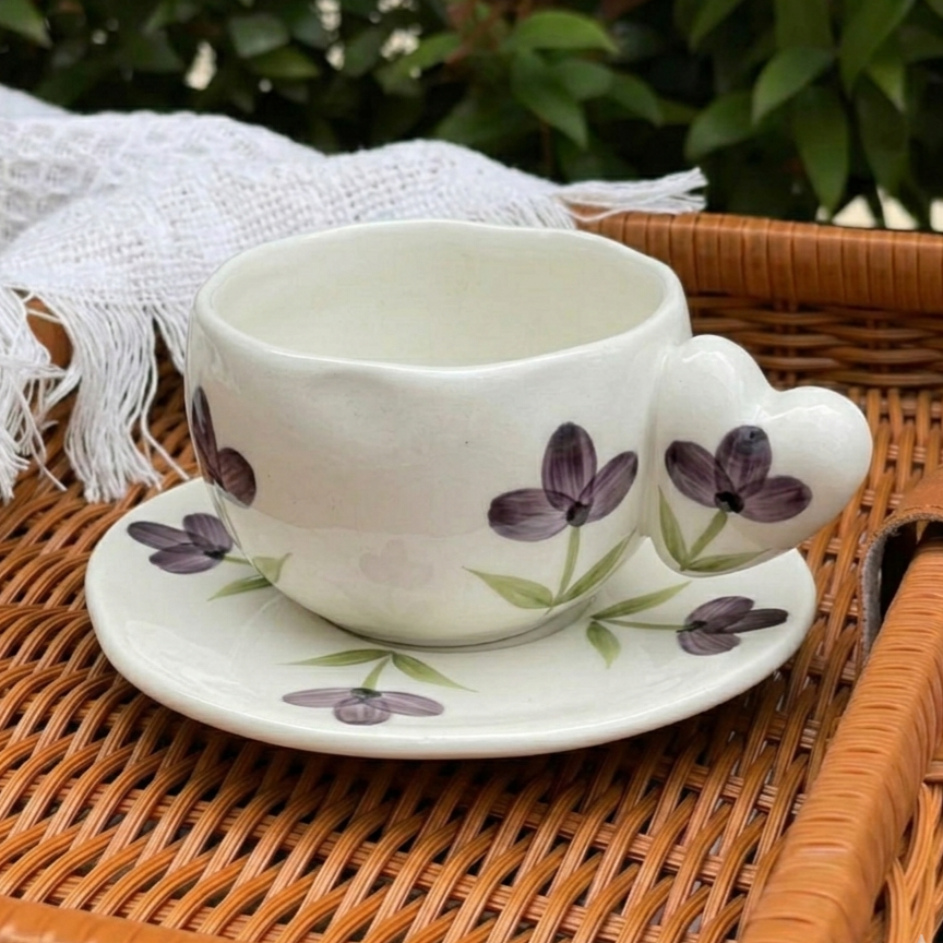 Bombed Heart Handle Mug with Saucer