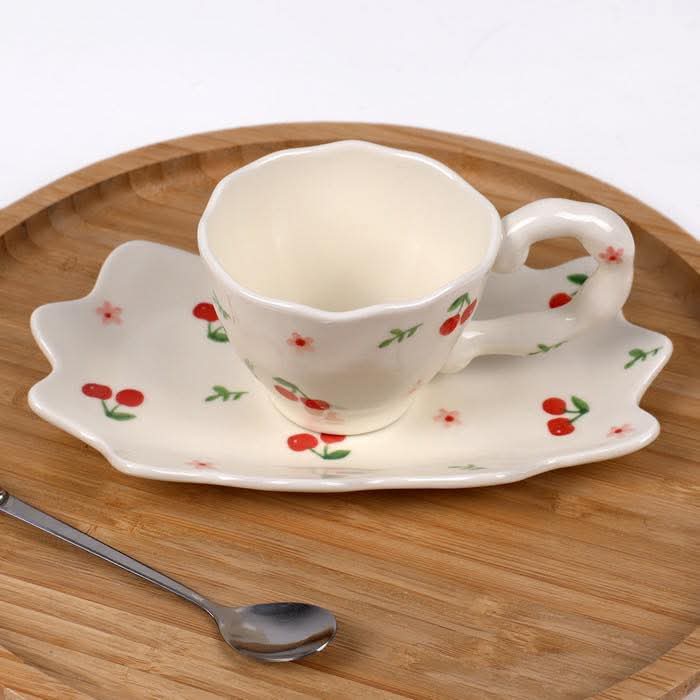 Cherry and flower mug with tall saucer