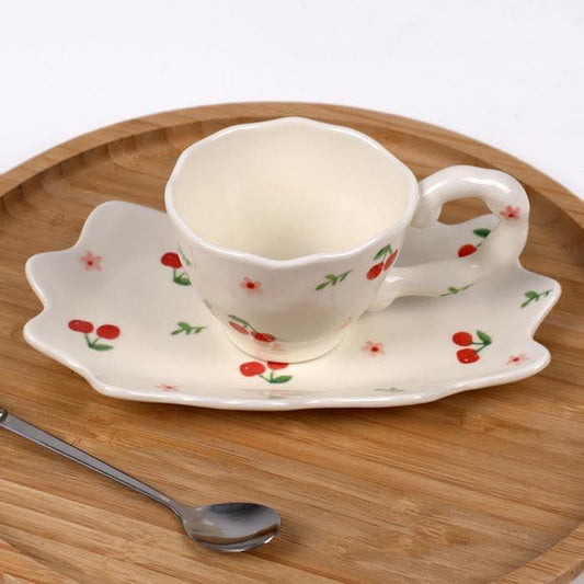 Cherry and flower mug with tall saucer