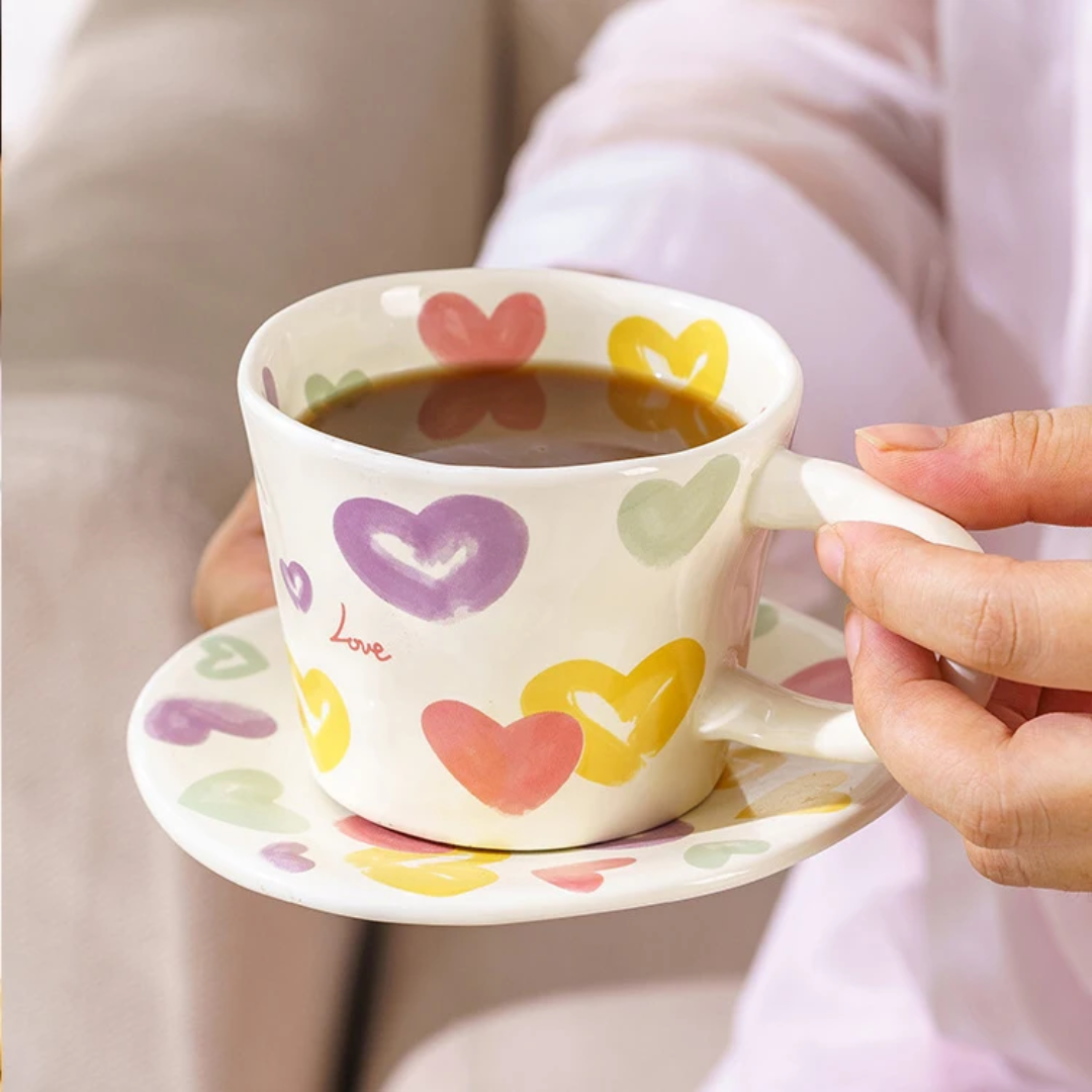 Multicolor hearts mug with saucer