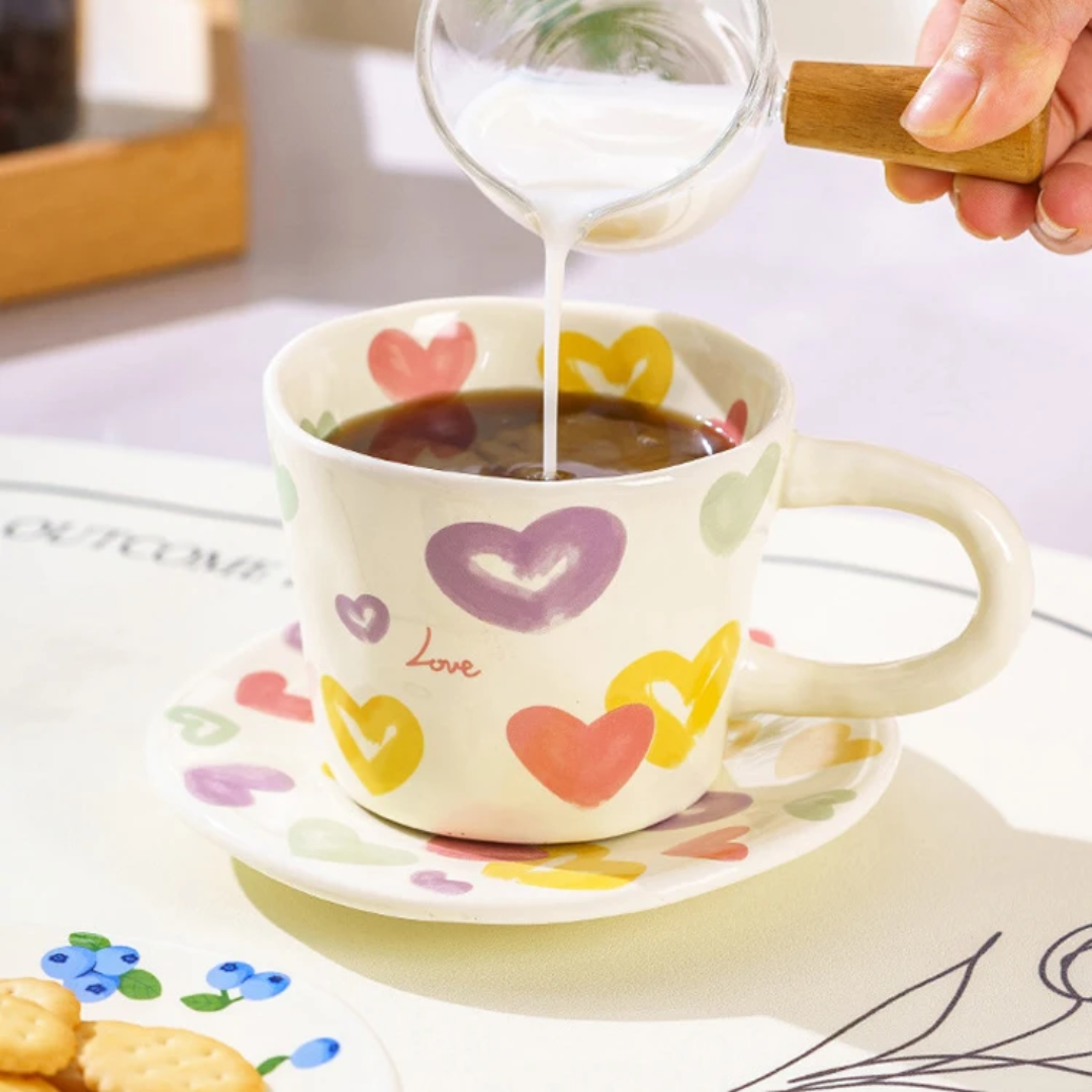 Multicolor hearts mug with saucer