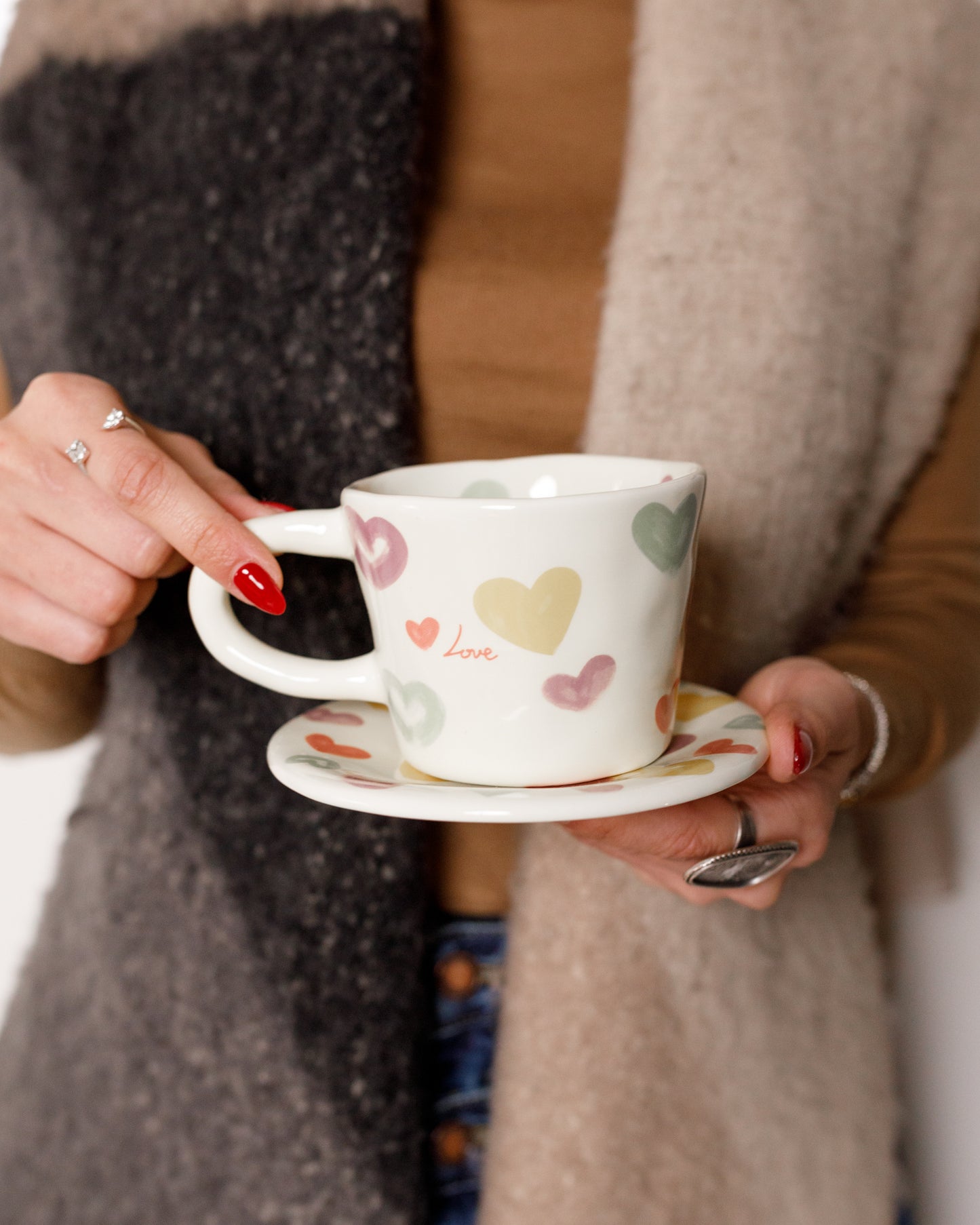 Multicolor hearts mug with saucer