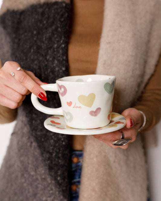 Multicolor hearts mug with saucer