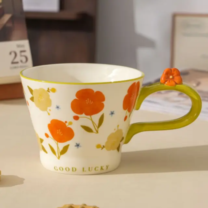Mug GOOD LUCKY with flower in handle